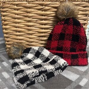 Mud Pie Buffalo Plaid Knit Beanie set of 2